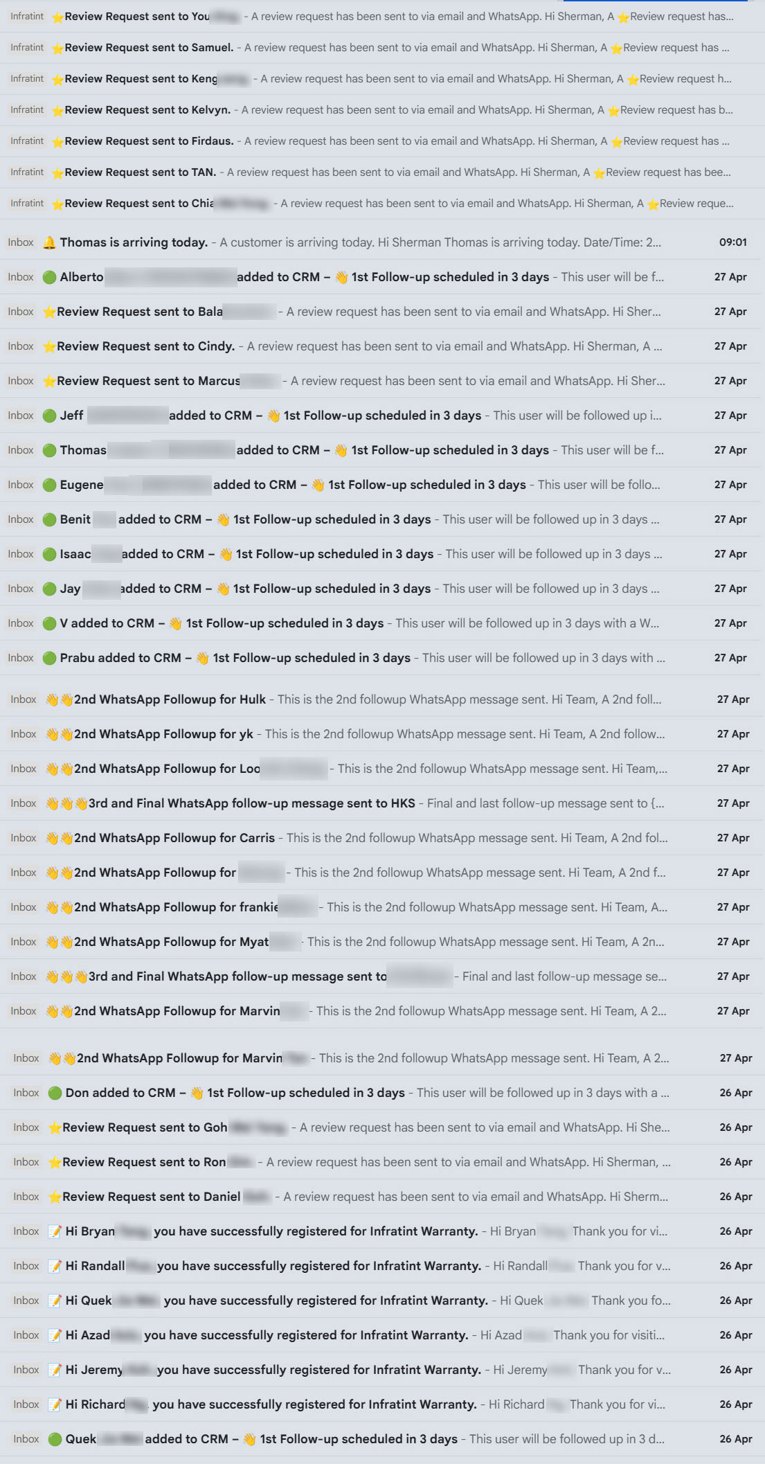 Email inbox updates
